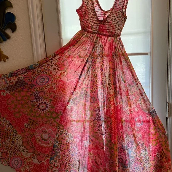 70s Sheer Boho Smocked Bodice Maxi Dress Full Sweep w Ruffled Wrap - Picture 2 of 8